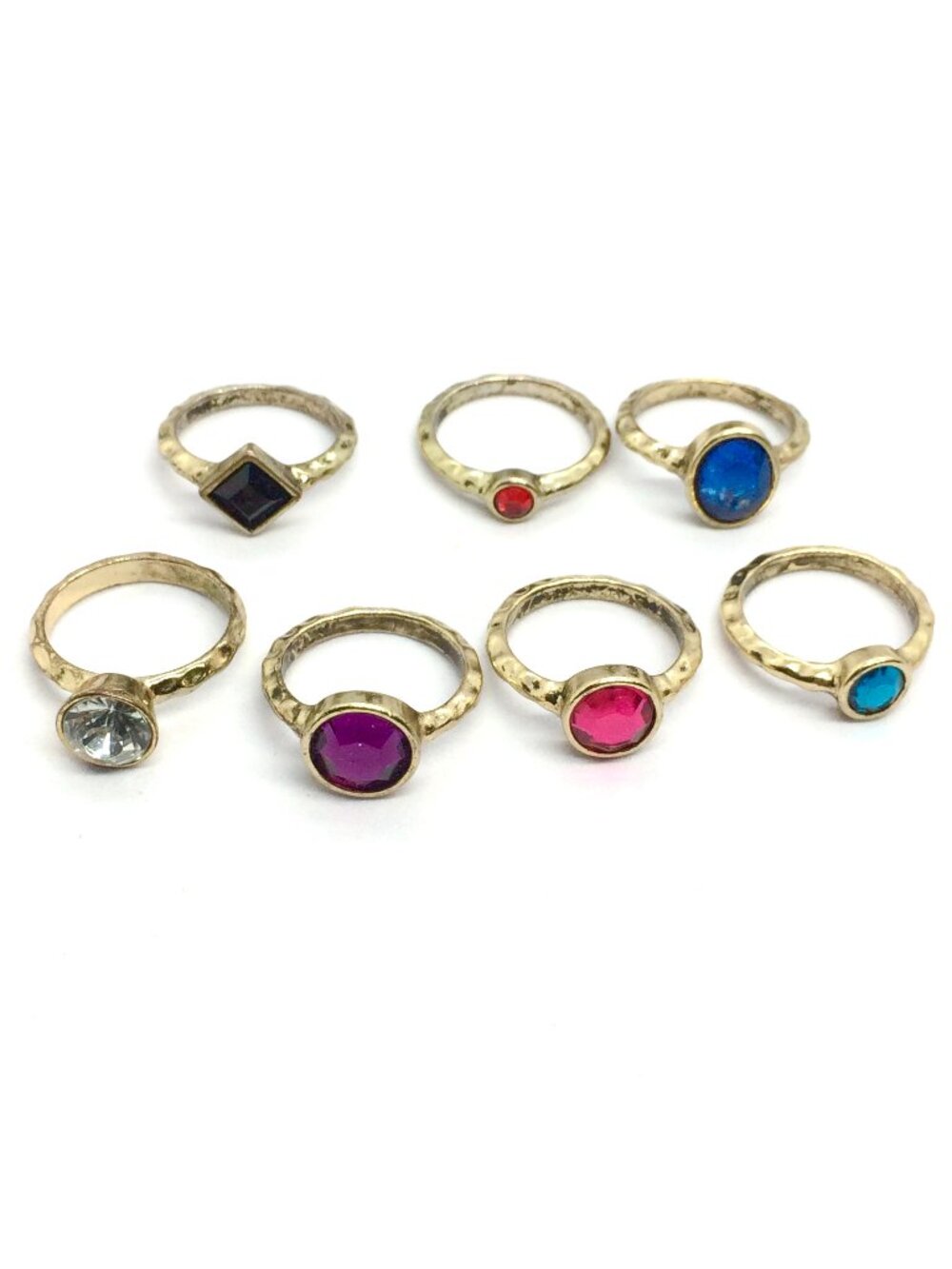 STACKING RING SET 7 Pc Multicolor Rhinestone Gold Tone Hammered Sizes 7-8